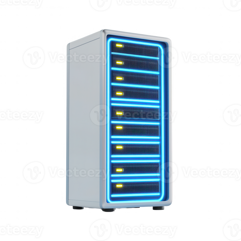 Futuristic server tower with glowing lights, ideal for tech and innovation themes. png