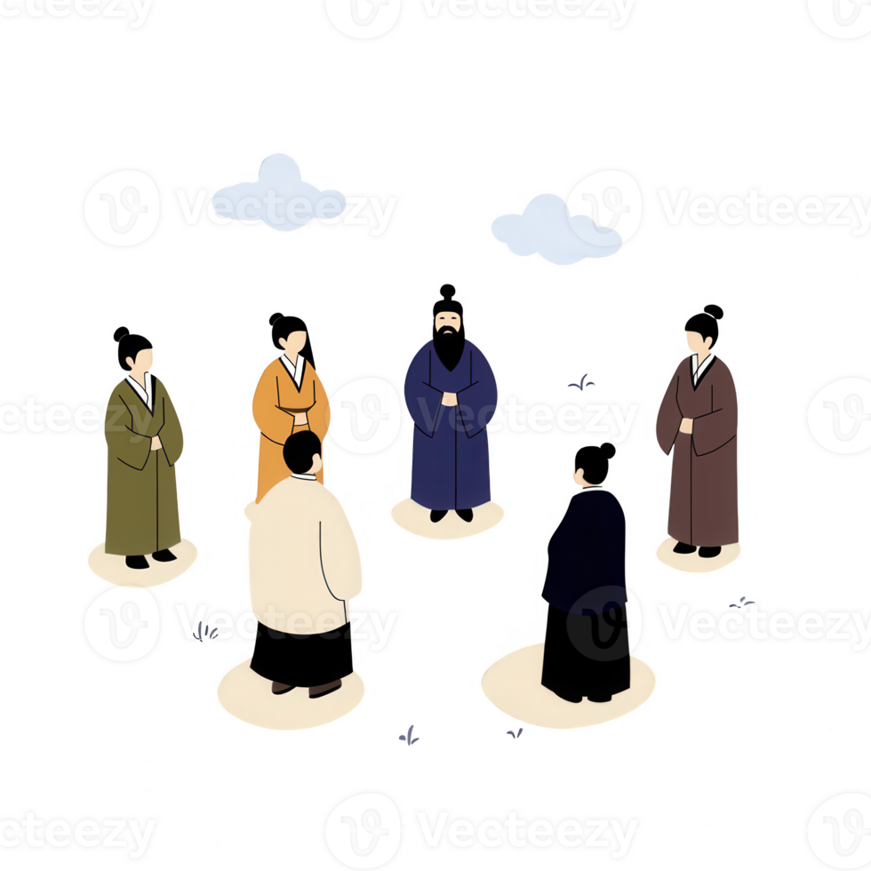 Group of people in traditional attire discussing ideas and philosophies outdoors. png