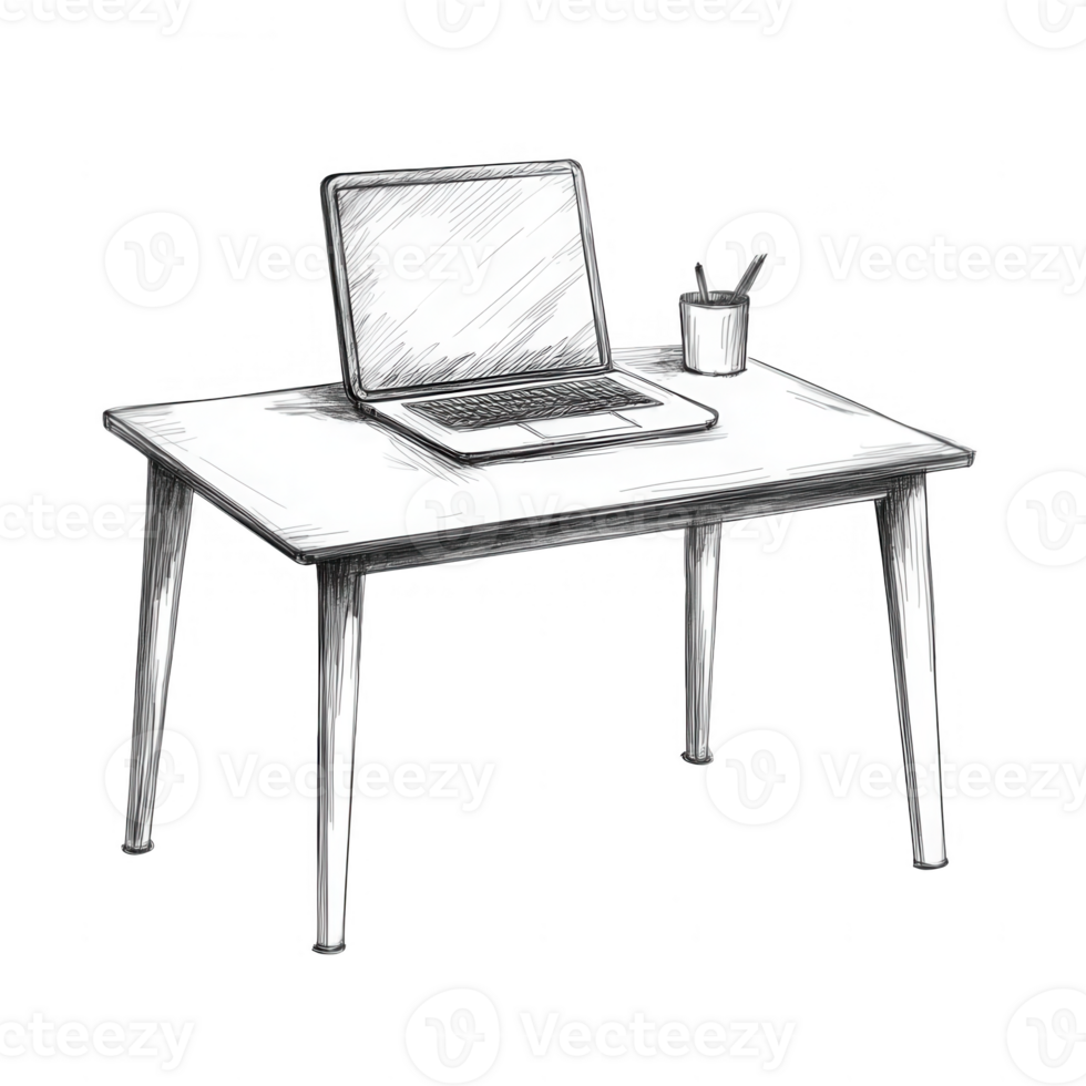 Minimalist desk setup featuring a laptop, pencil holder, and clean workspace. png