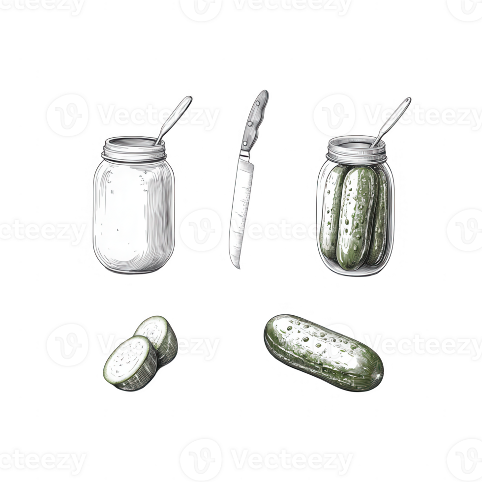 Illustration of cucumbers in jars, sliced and whole, with a knife for preparing pickles. png