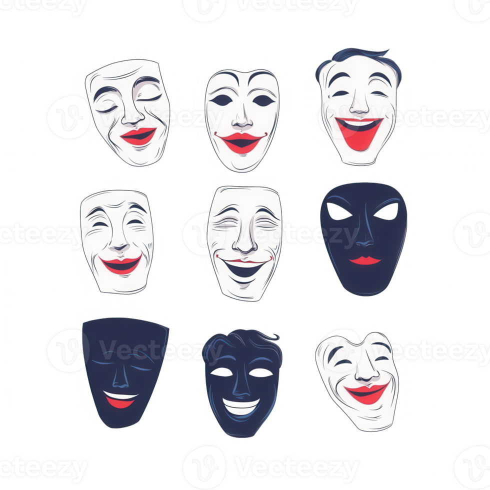 Colorful theatrical masks representing different emotions and expressions. png