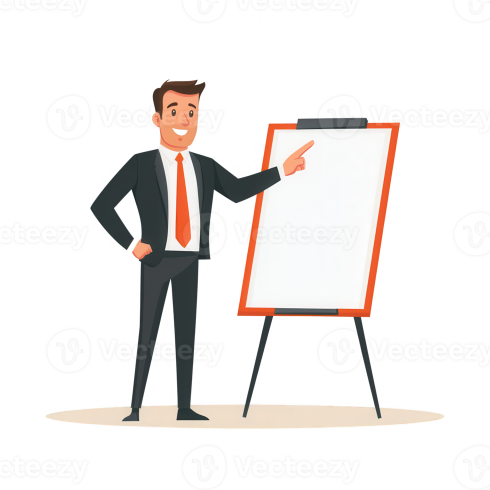 Confident businessman presenting ideas on a blank board in a professional setting. png
