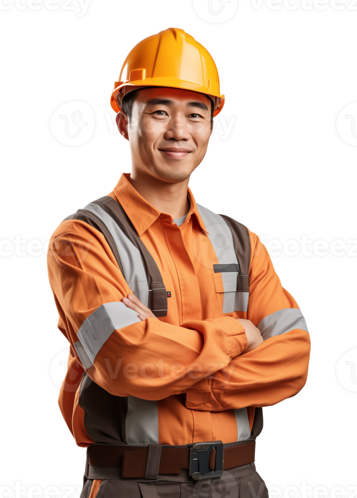 Asian Korean Construction Worker Crossed Arms Isolated on Transparent Background png