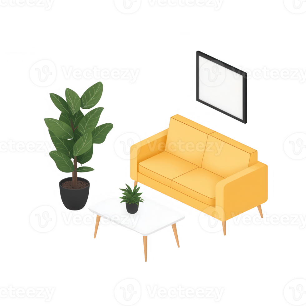 confortable vivant pièce avec une moderne Jaune canapé, intérieur végétaux, et blanc café tableau. png