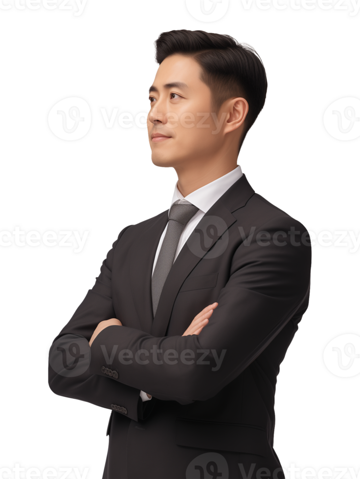 Asian Korean Businessman Side View Crossed Arms Isolated on Transparent Background png