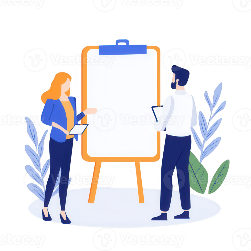 Two professionals discussing ideas with a blank presentation board. png