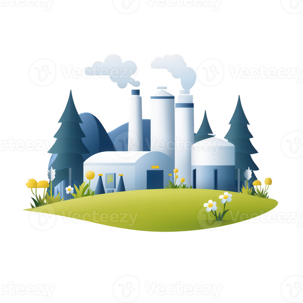 Stylized factory illustration surrounded by trees and flowers in a natural setting. png