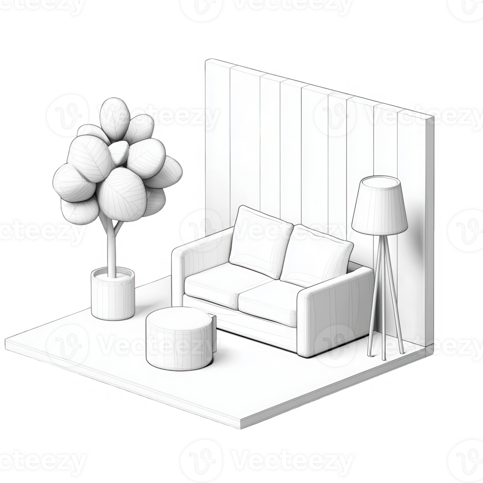 Stylish, minimalist living room with modern furniture and decorative plants. png