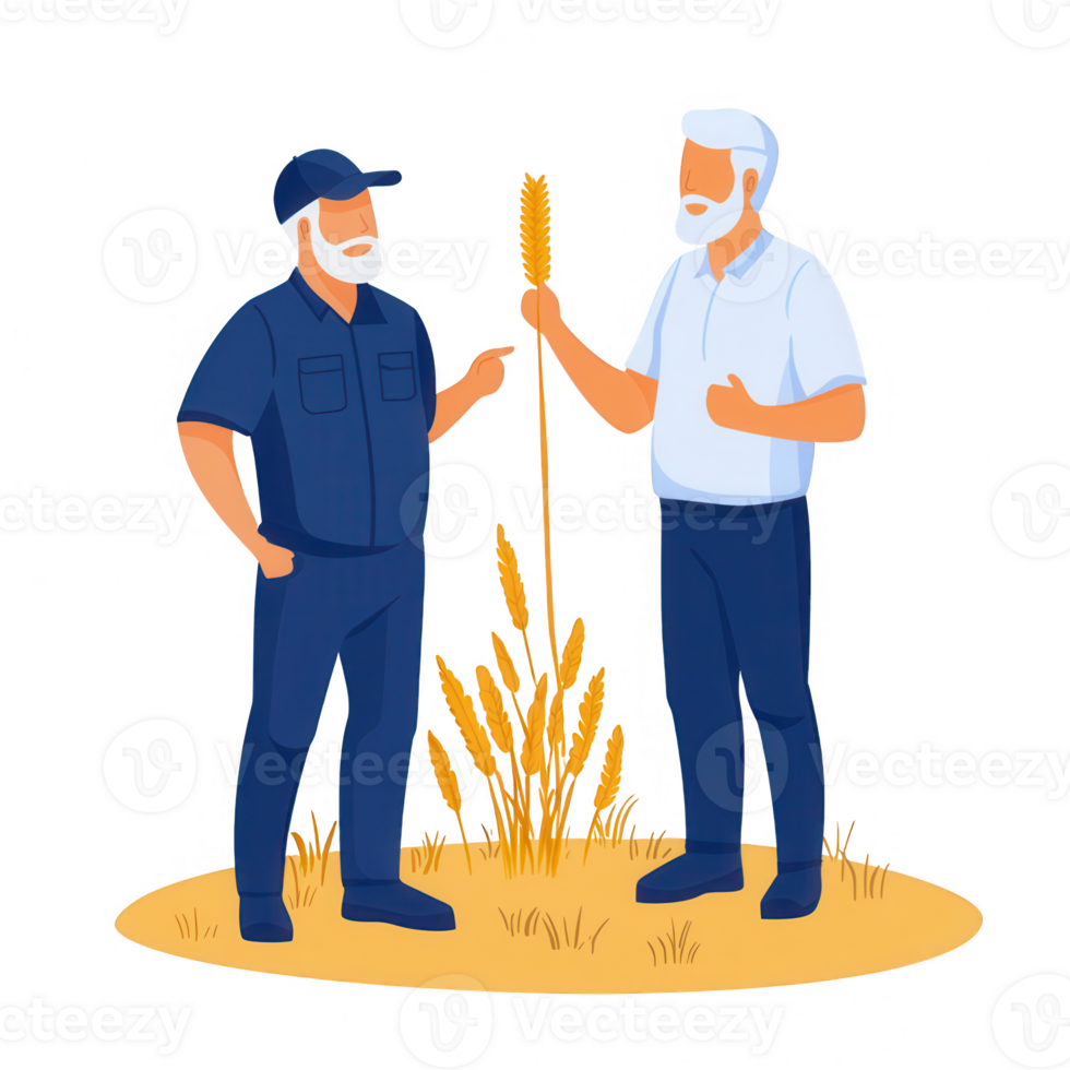 Two farmers discussing crop growth amidst golden wheat fields. png