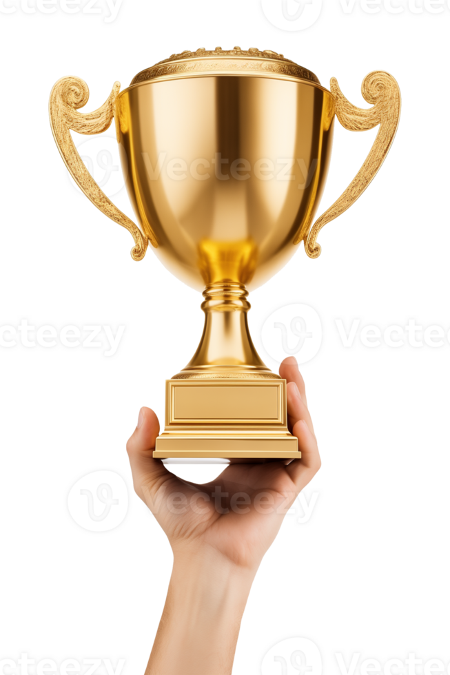 Hand Holding Up Golden Trophy Isolated on Transparent Background png