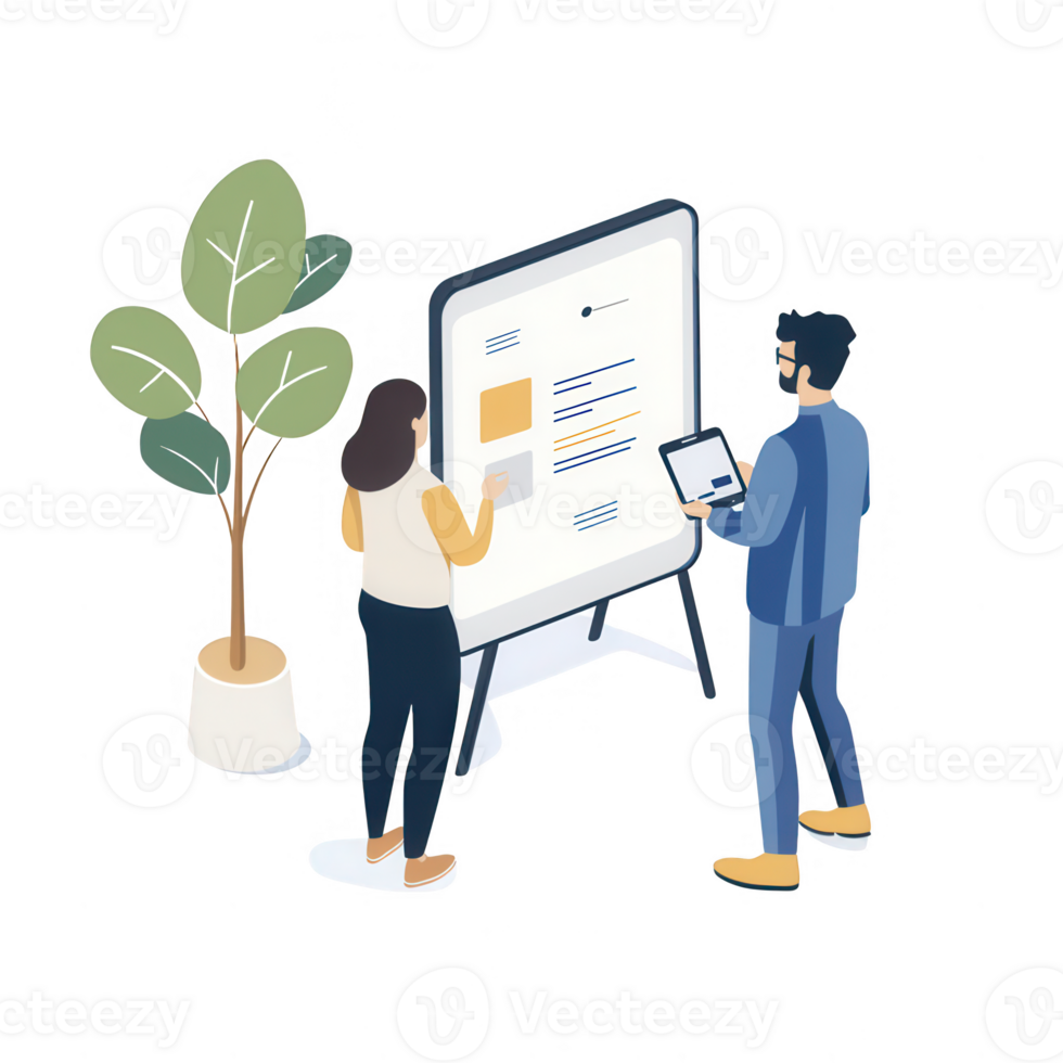 Two professionals collaborating on a project using digital devices and presentation board. png
