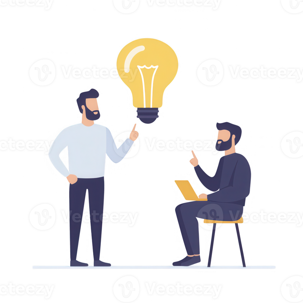 Two men sharing innovative ideas with a light bulb symbolizing creativity and collaboration. png