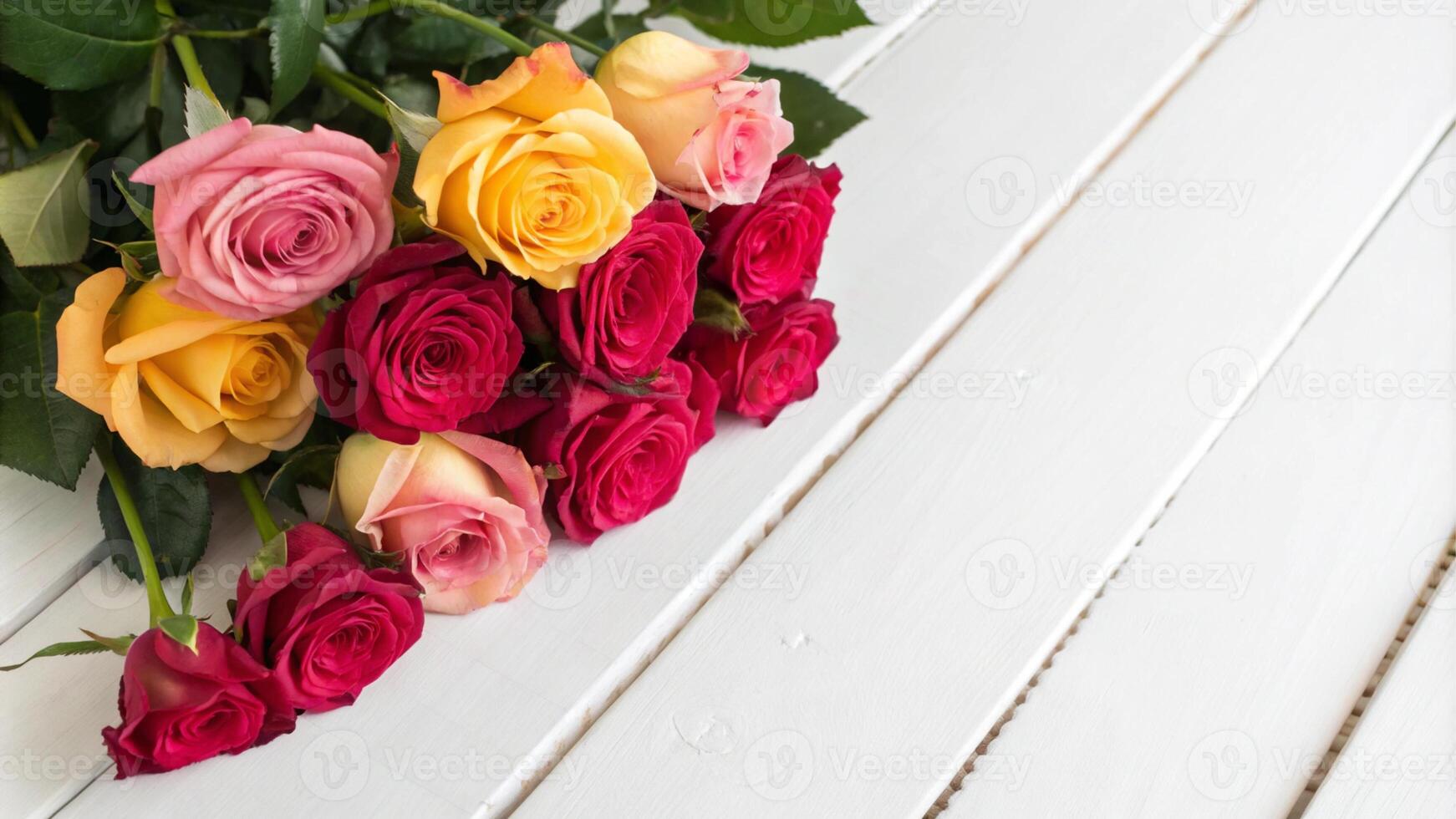 close up pink and red roses on a white wooden table background photo
