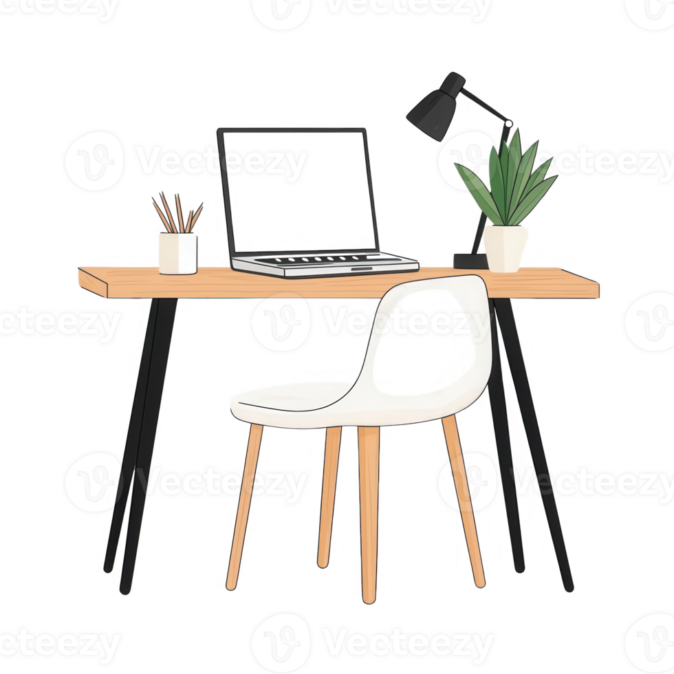 Stylish workspace featuring a laptop, desk lamp, and plant for productivity. png