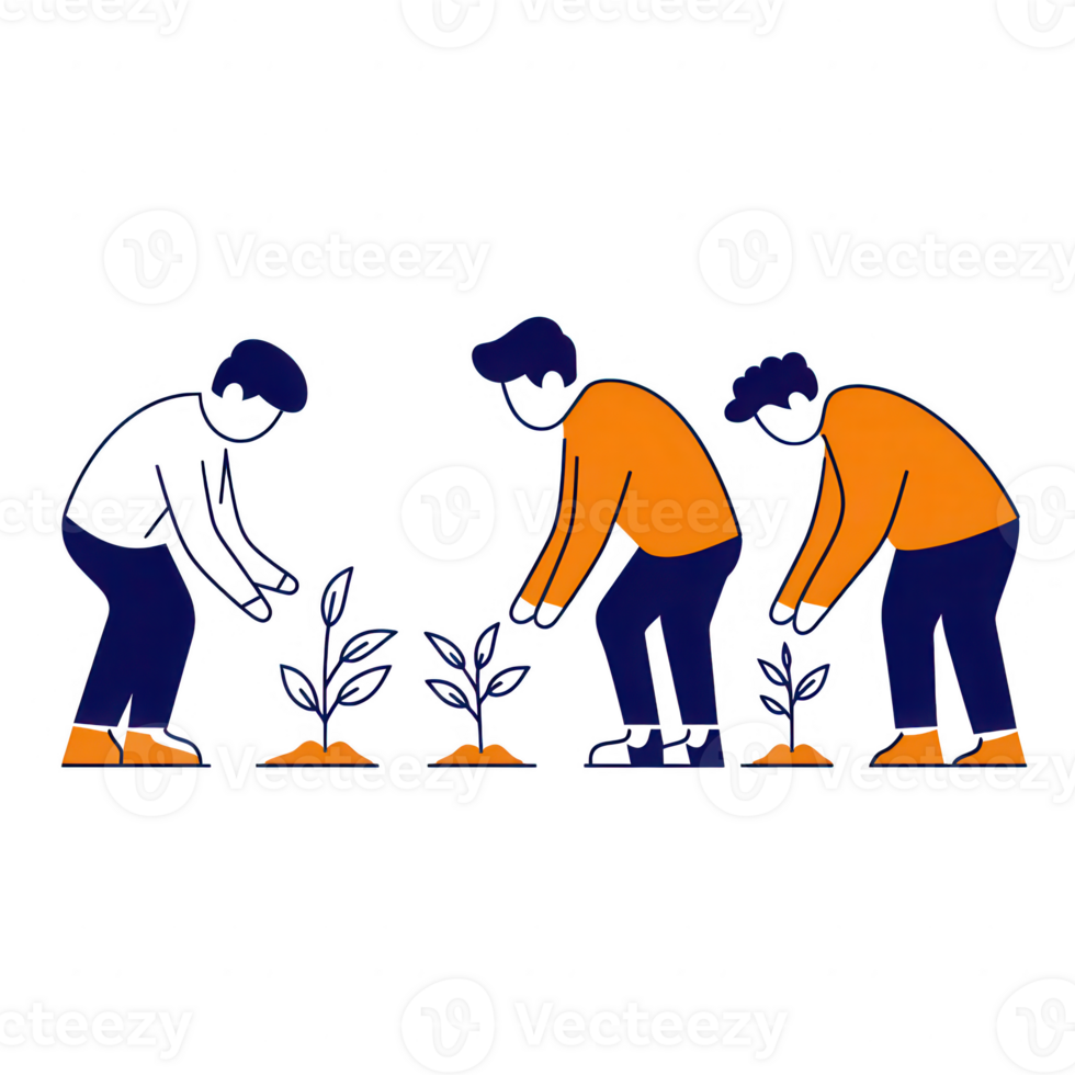 Three people cultivating plants in a garden, promoting teamwork and nature care. png