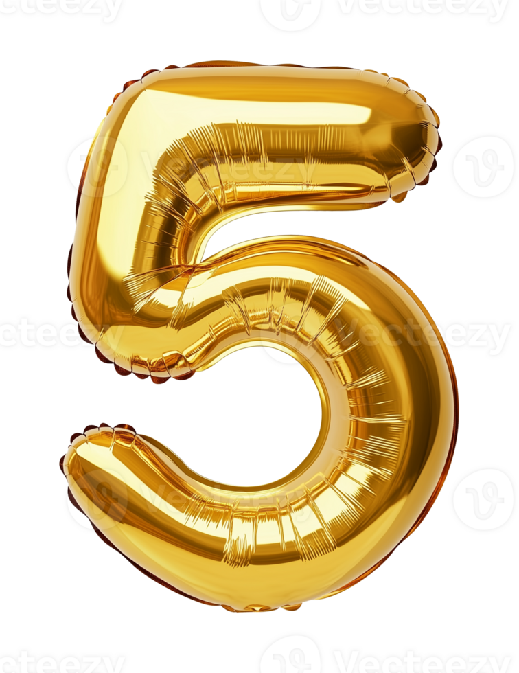 Gold Balloon Number 5 Five for Birthday Party Celebration Anniversary Decoration Isolated on Transparent Background png