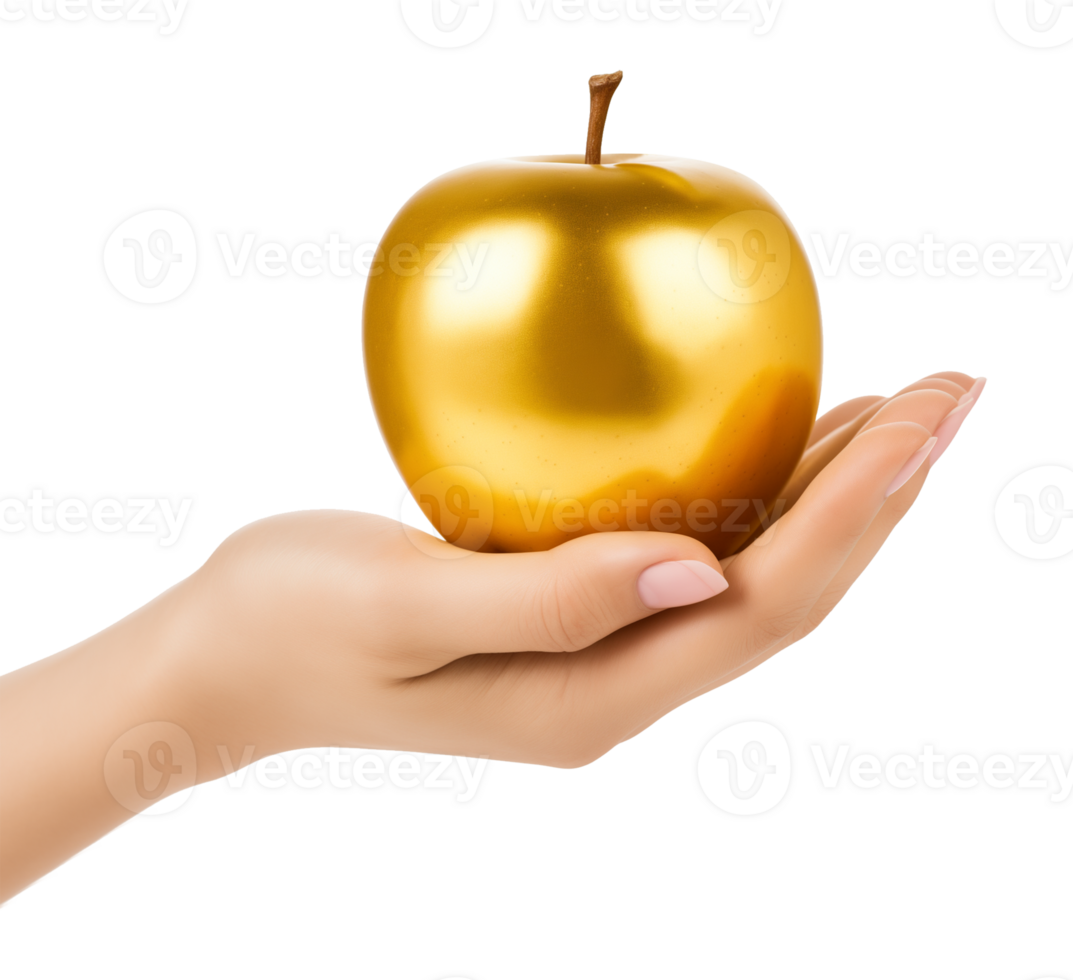 Hand Holding Golden Apple Isolated on Transparent Background png