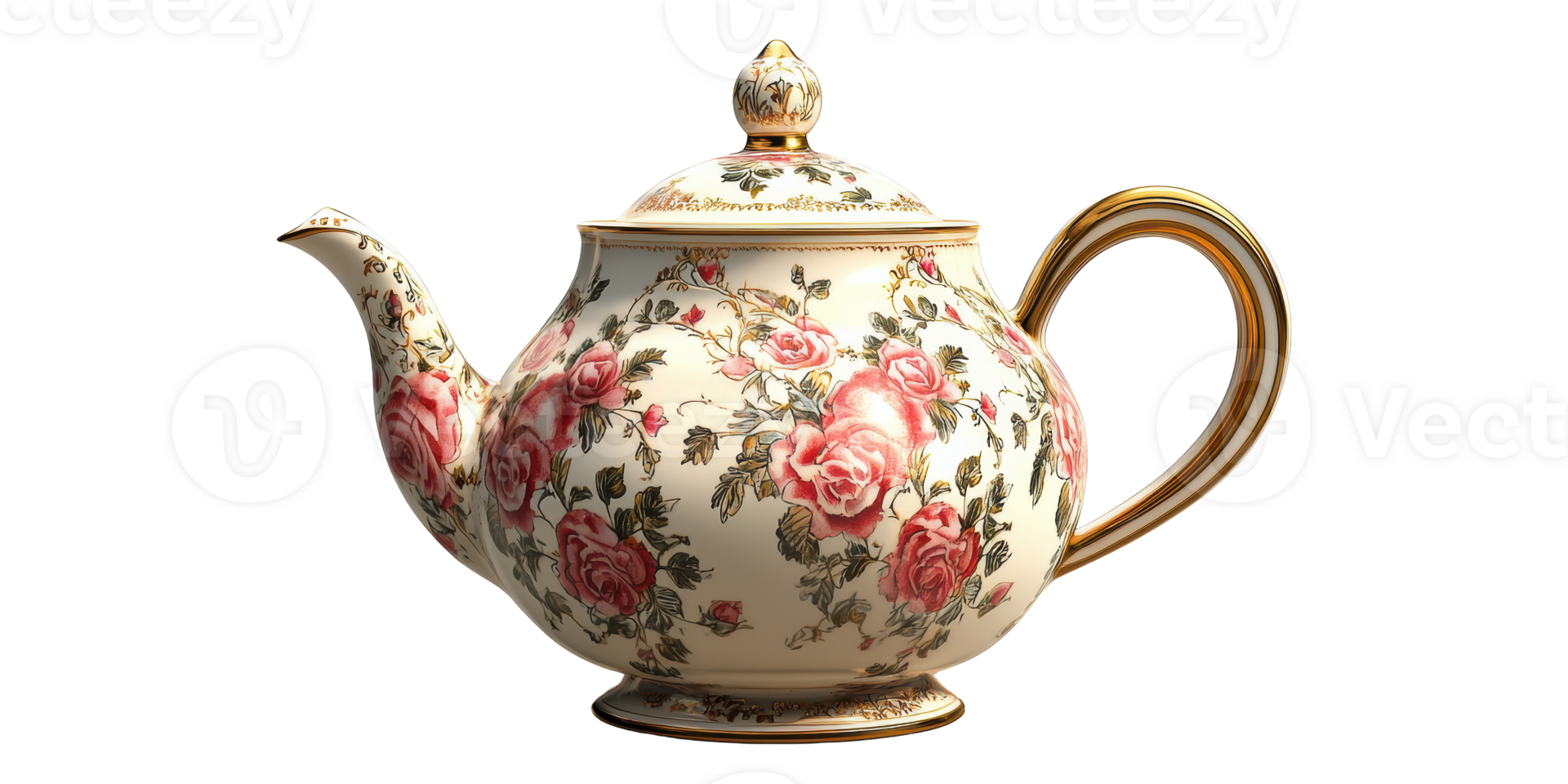 Vintage floral teapot with roses isolated on transparent background png
