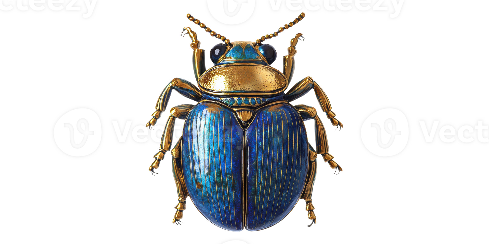 Blue and gold beetle with detailed legs and antennae isolated on transparent background png