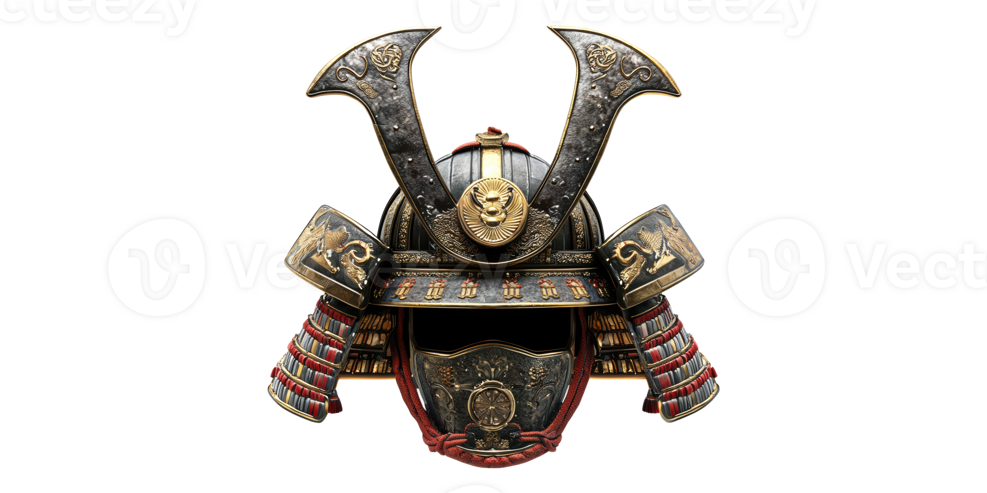 Traditional samurai helmet with elaborate design isolated on transparent background png