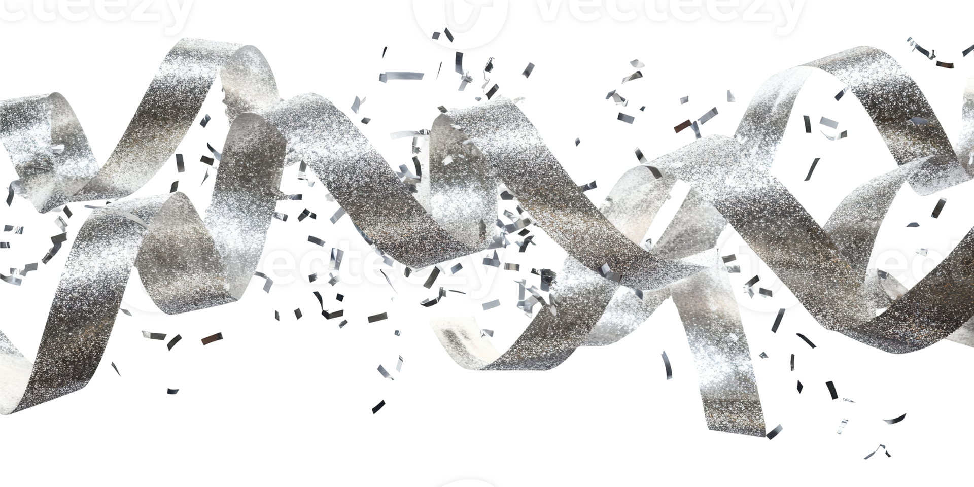 Silver glitter ribbons and confetti streamers isolated on transparent background png