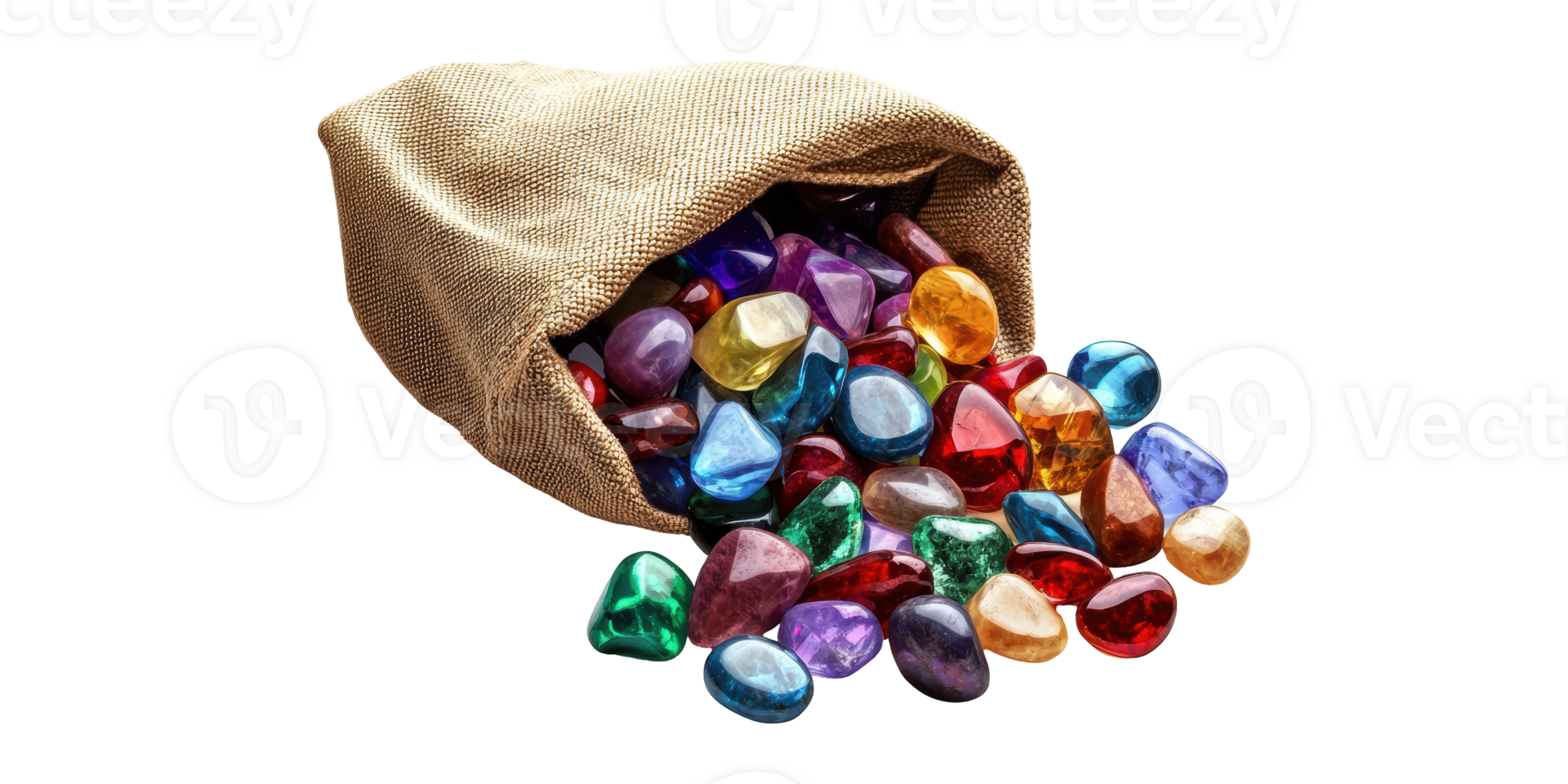Bag of colorful gemstones spilling out isolated on transparent background png