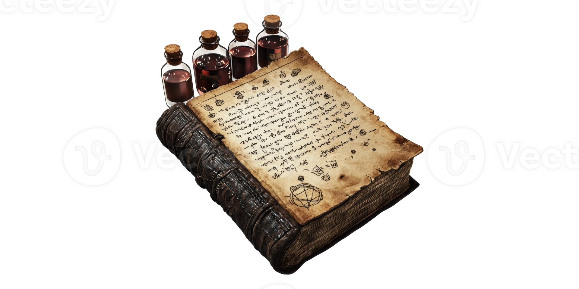 Ancient spellbook with potion vials isolated on transparent background png