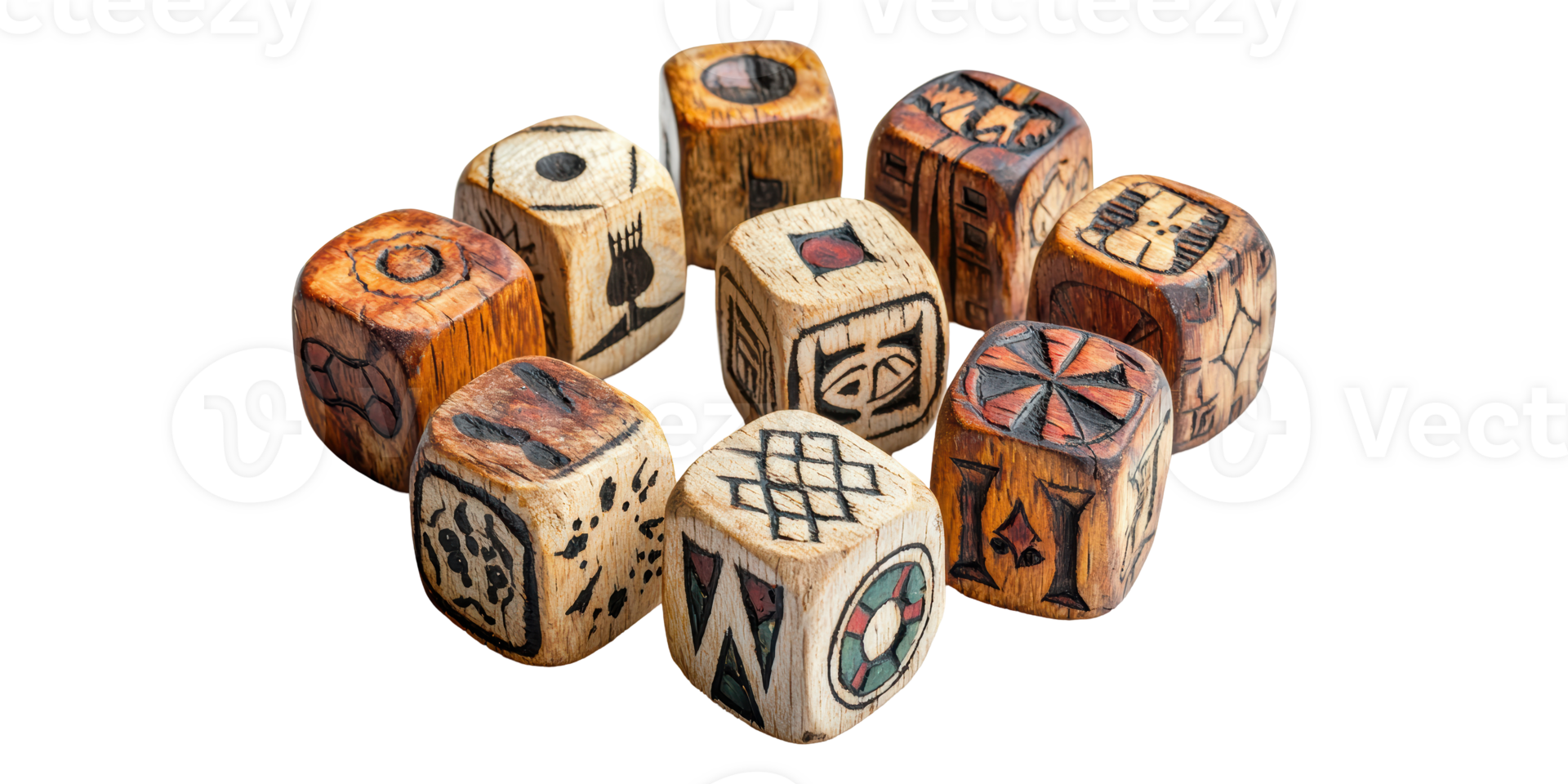 Set of wooden dice with tribal symbols isolated on transparent background png