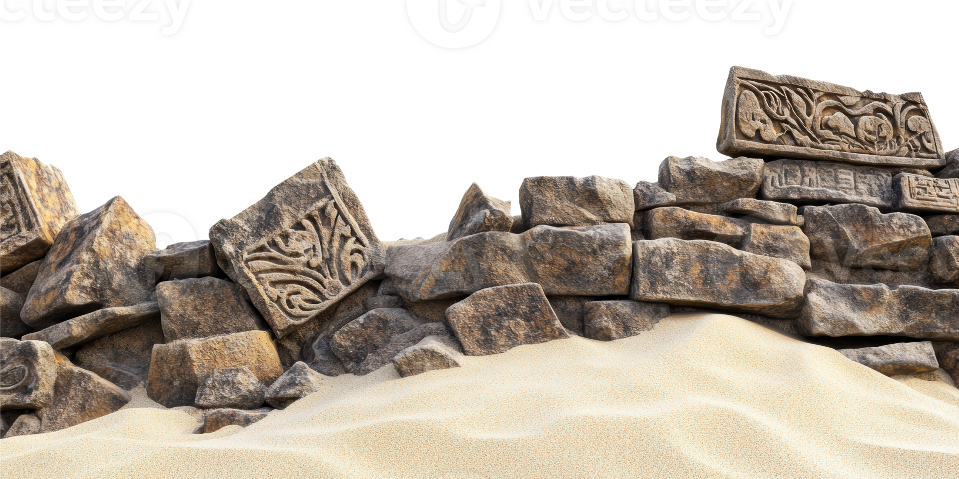 Ancient stone wall with engravings isolated on transparent background png