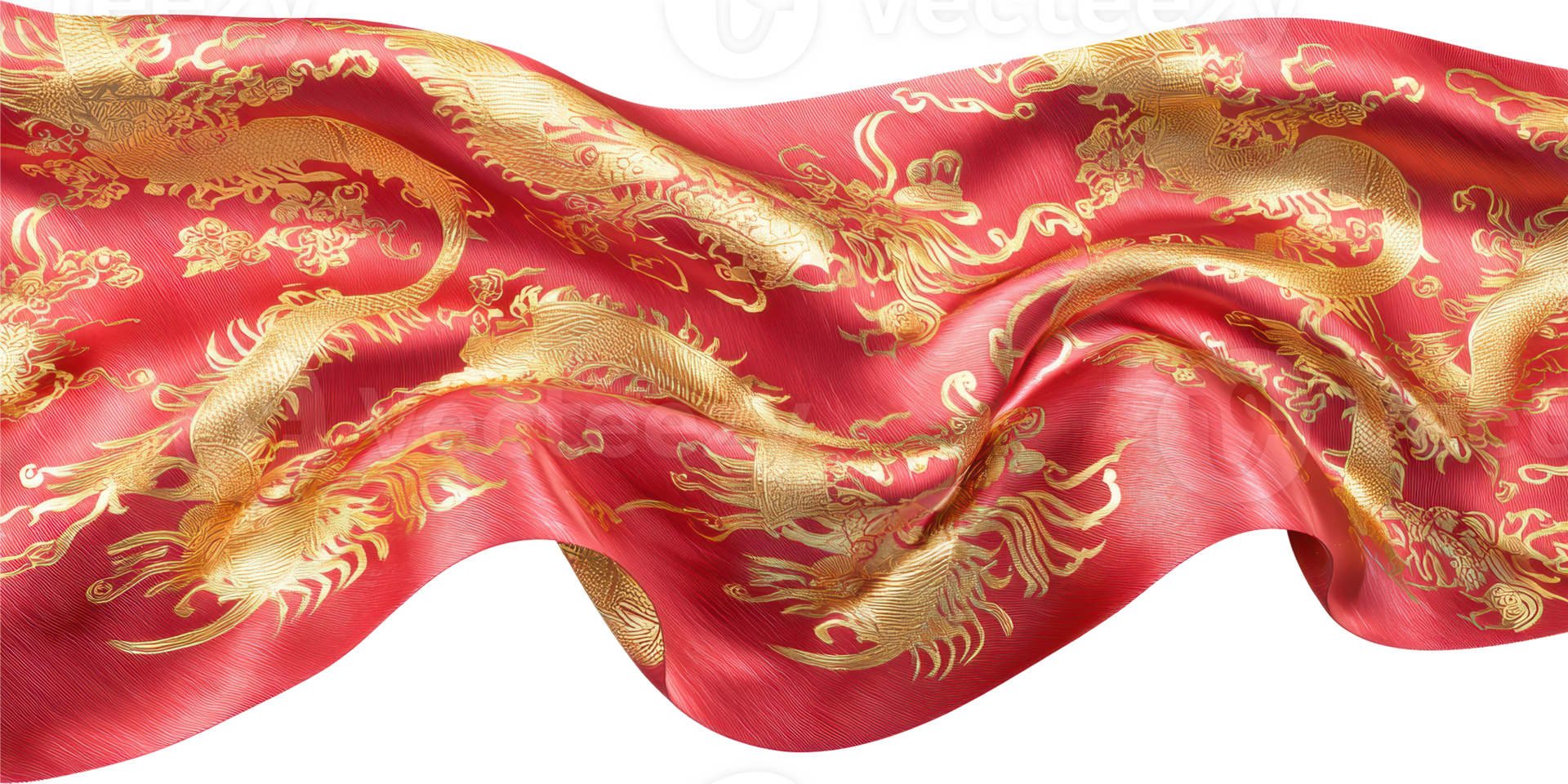 Red silk fabric with gold dragon embroidery isolated on transparent background png