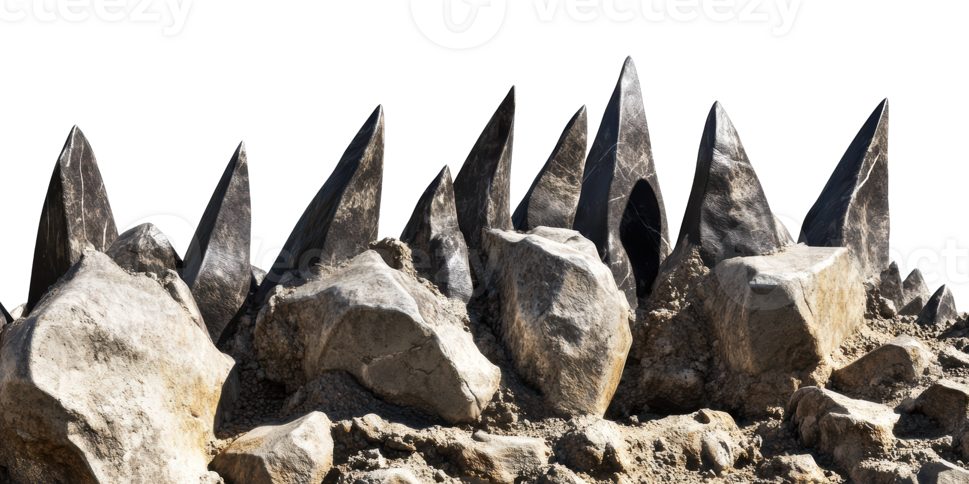 Jagged black rock formation with sharp edges isolated on transparent background png