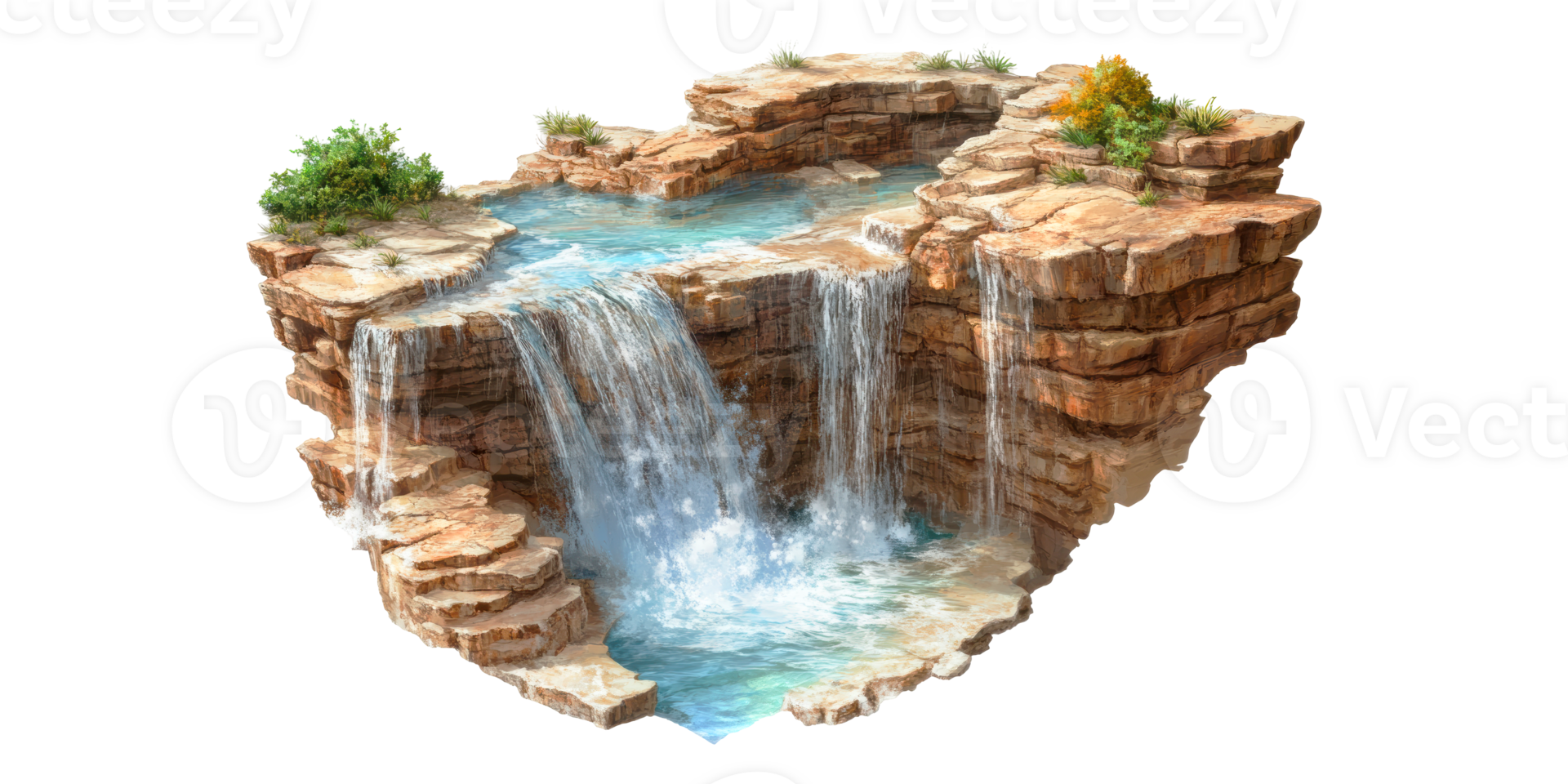 Cascading waterfall in rocky formation isolated on transparent background png