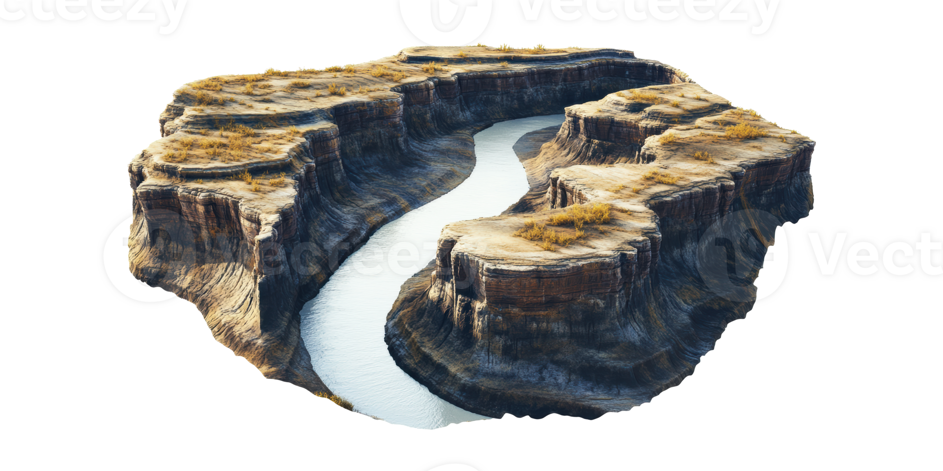 Grand canyon-like river and cliffs terrain isolated on transparent background png