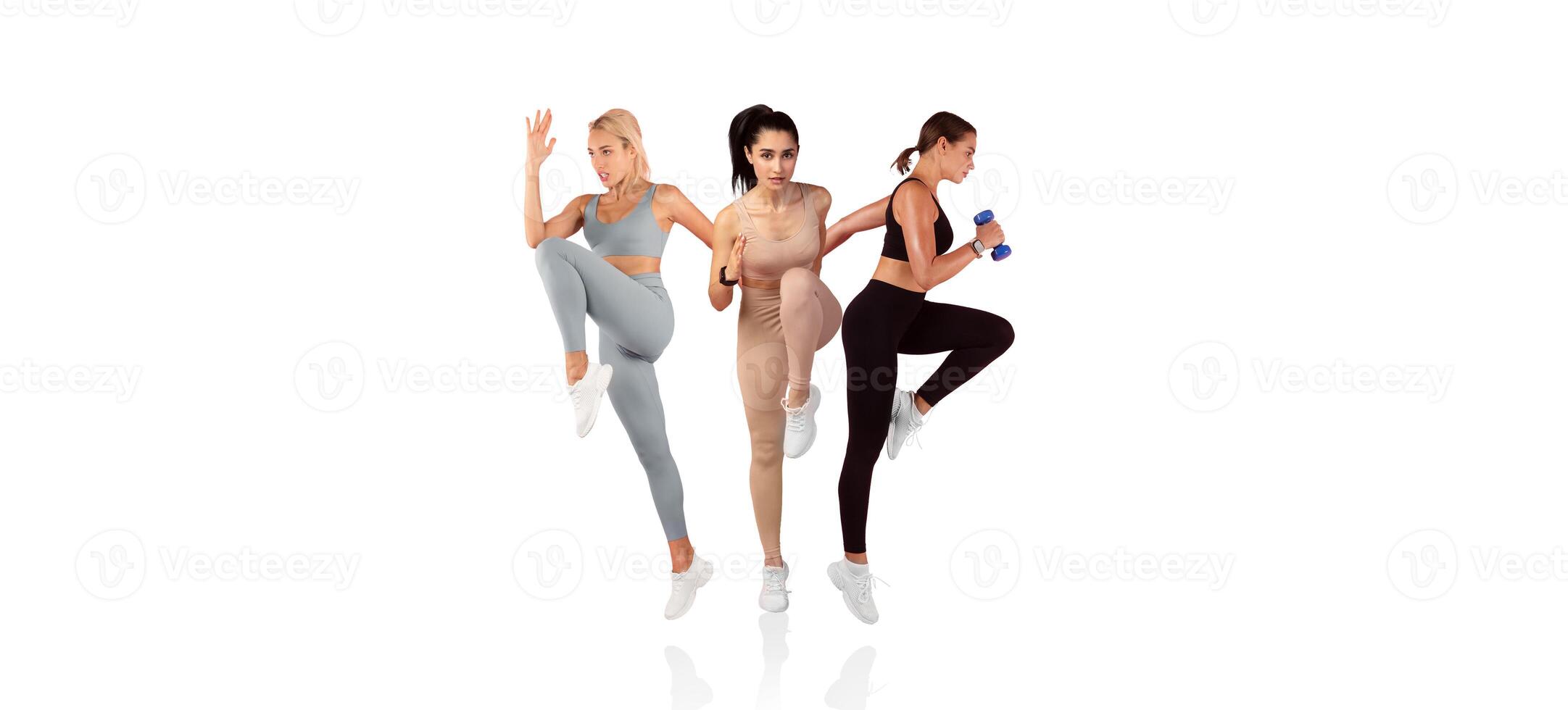 Three women demonstrate different exercises while wearing modern workout clothing. Their poses reflect an energetic atmosphere in a well-lit indoor space, promoting fitness and health. photo