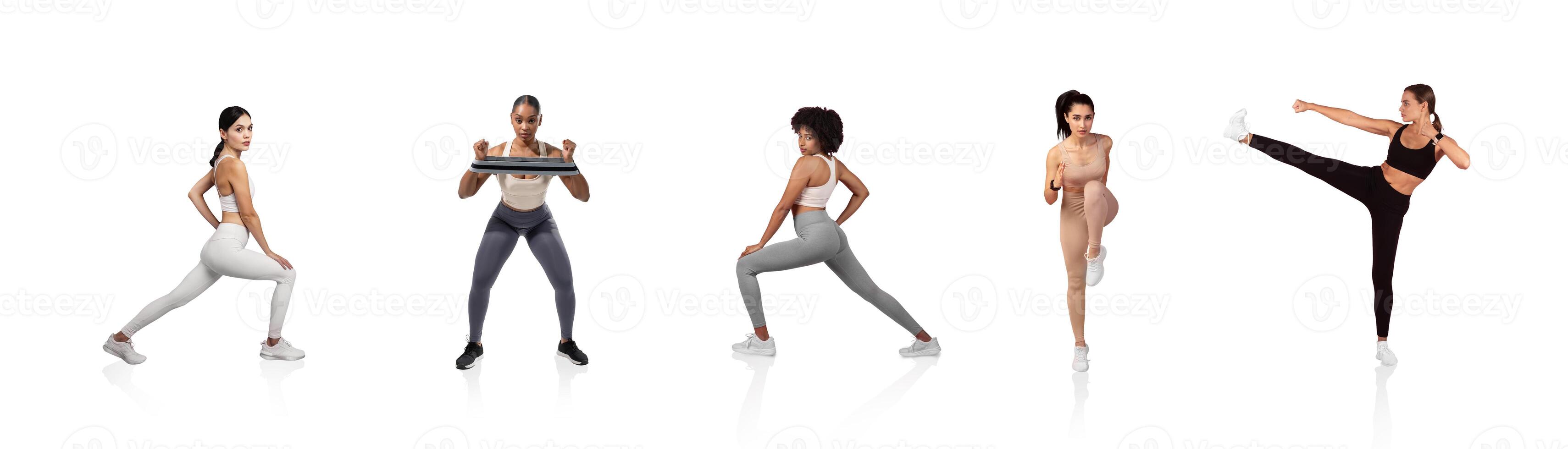 Five women participate in different workout routines, showcasing strength and flexibility. They use weights, perform lunges, and kick high, promoting fitness and wellness. photo
