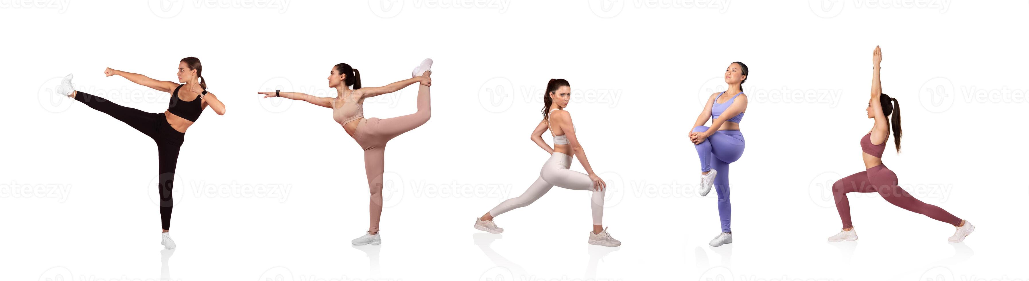Five women perform various dynamic fitness poses in stylish activewear. The indoor setting highlights their physical strength and flexibility as they present a workout routine. photo