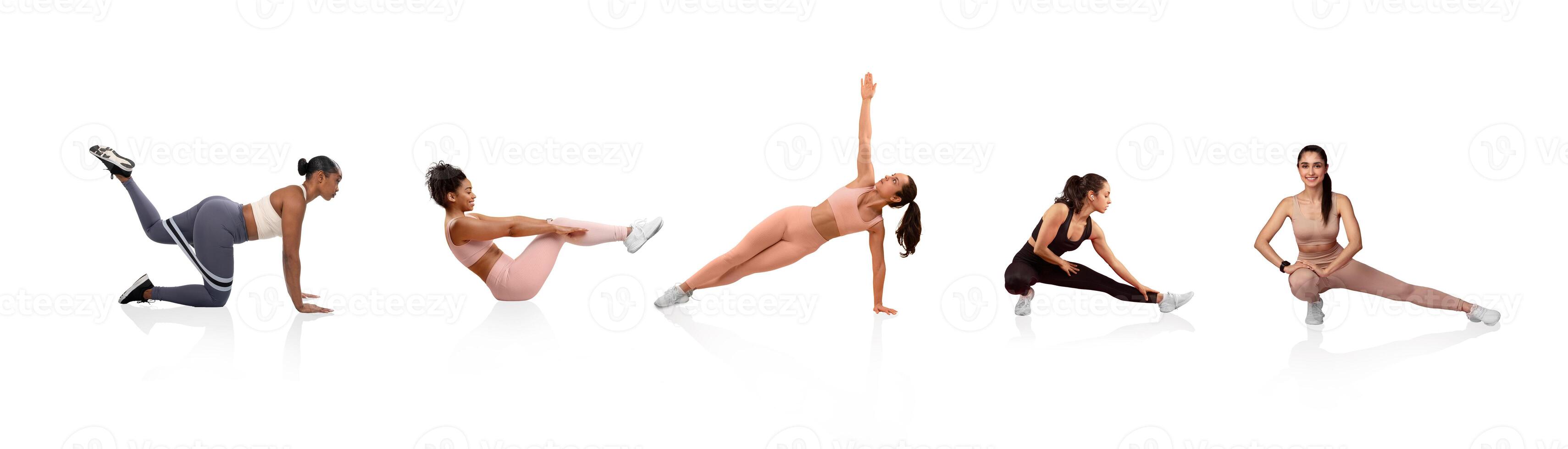 Multiple figures demonstrate various fitness poses highlighting strength, balance, and flexibility. The studio background emphasizes the dynamic movement and athleticism in diverse workouts. photo