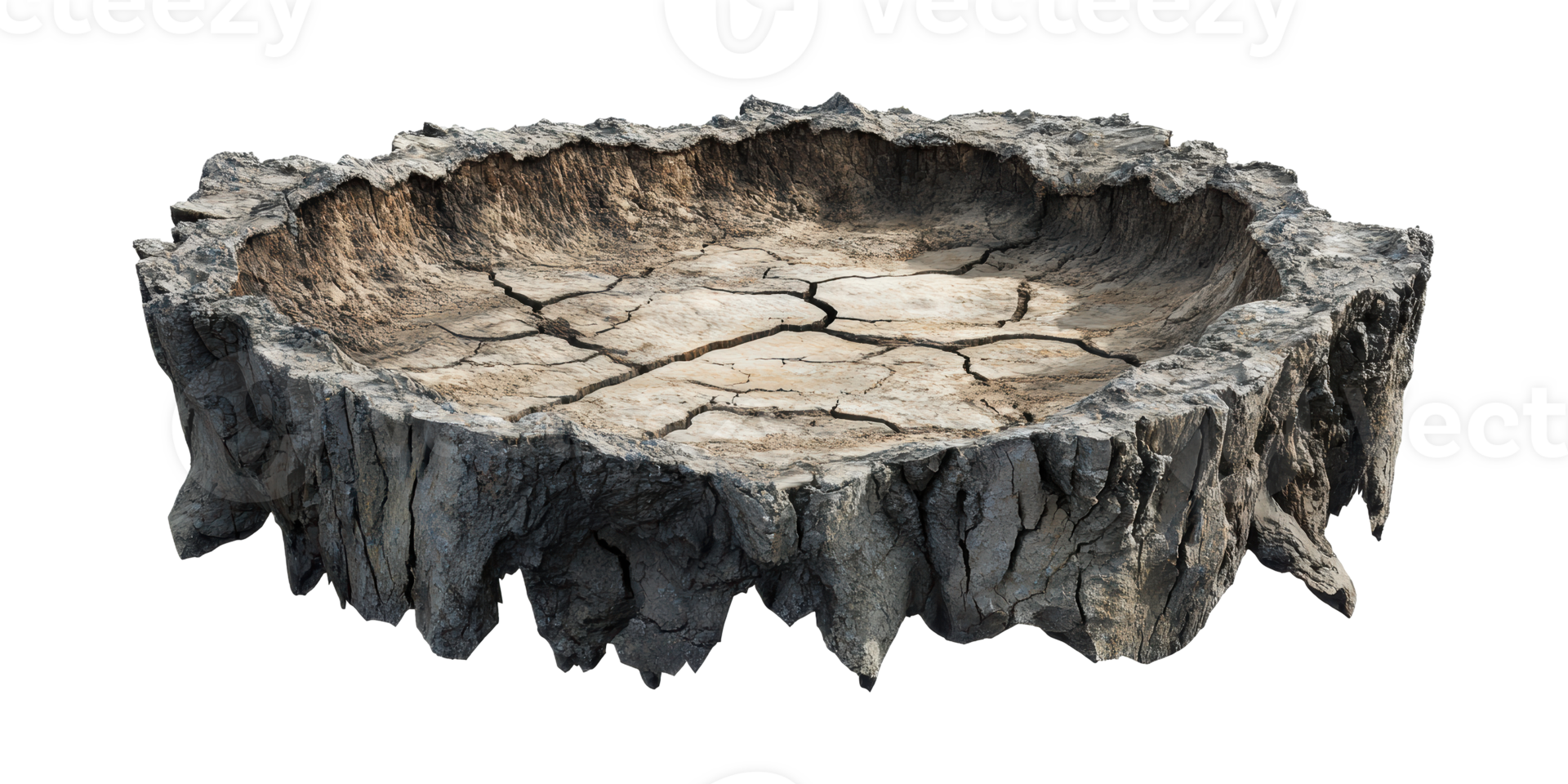 Dry tree stump cross-section with cracked soil isolated on transparent background png