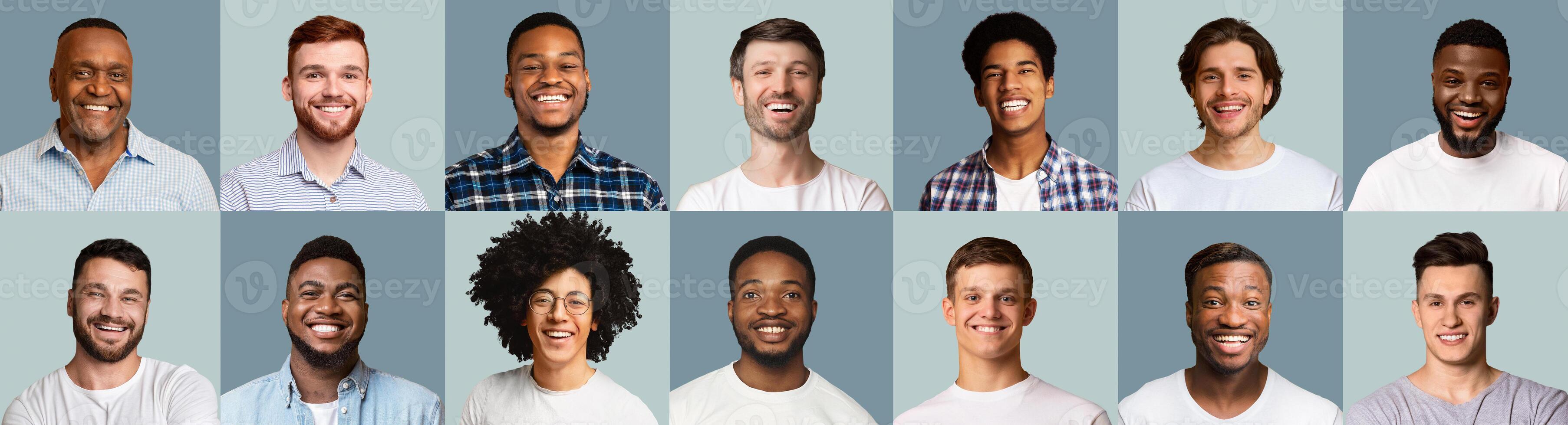 Set of happy multiracial people men smiling on blue studio backgrounds, panorama. Collage of portraits of candid handsome and cheerful young african american and caucasian guys posing at studio photo
