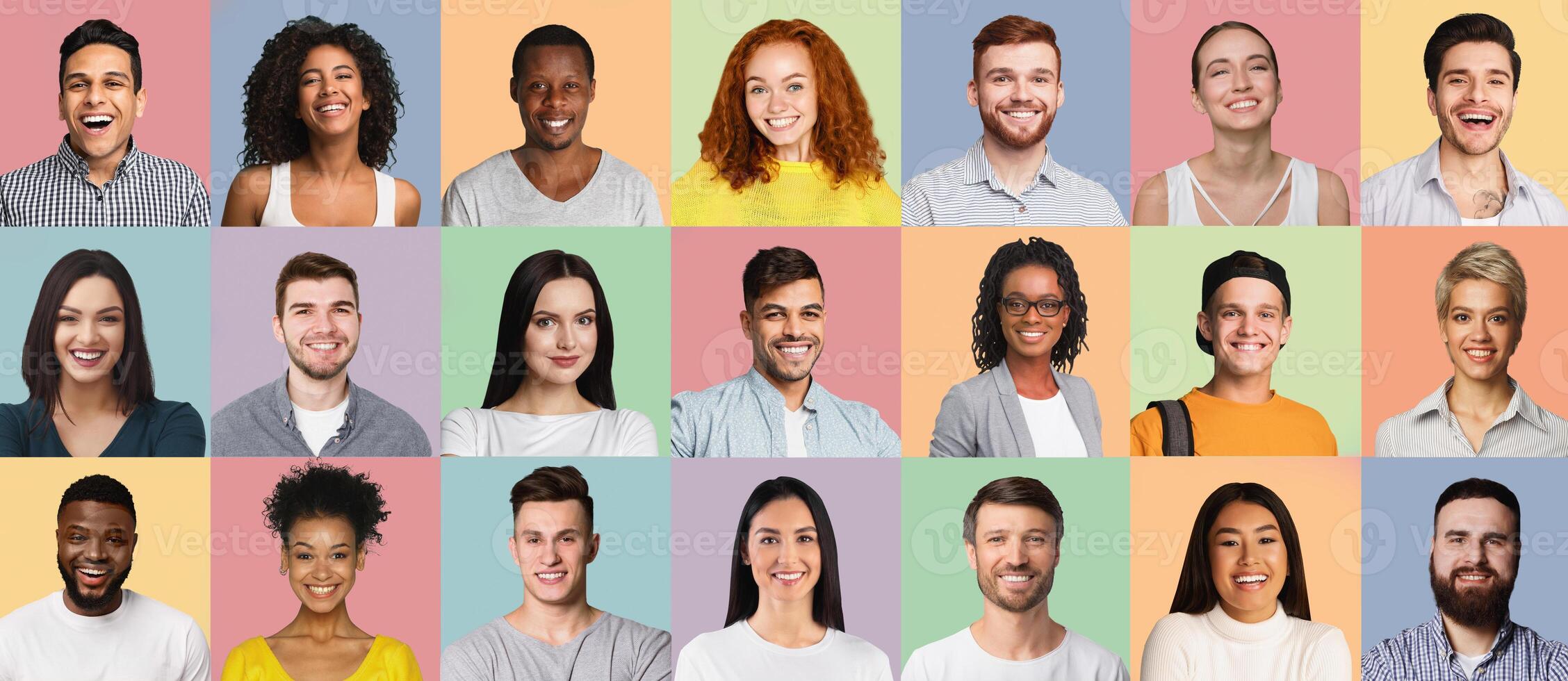 Positive Emotions Faces Collage. Set Of Diverse Human Portraits On Different Pastel Colored Backgrounds. Successful Young Millennial People Heads, Happy Multicultural Men And Women Headshots Mosaic. photo
