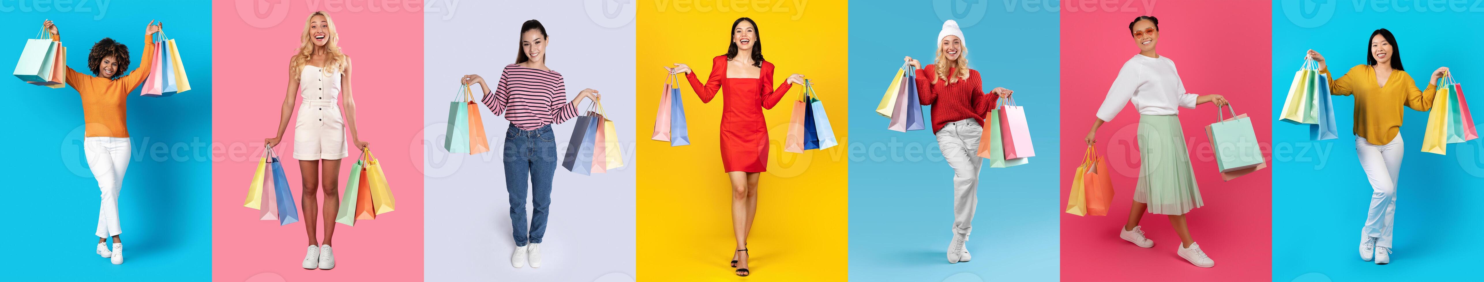 Groups of happy shoppers showcase colorful bags filled with great bargains on a vibrant background. They enjoy the thrill of finding discounts and participating in a festive shopping spree. photo