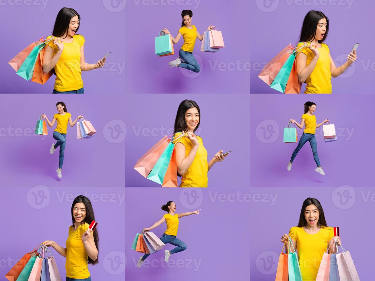 In a vibrant collage, cheerful women engage in shopping, holding colorful bags filled with deals. Each woman showcases excitement with varied poses, highlighting the joy of finding discounts. photo
