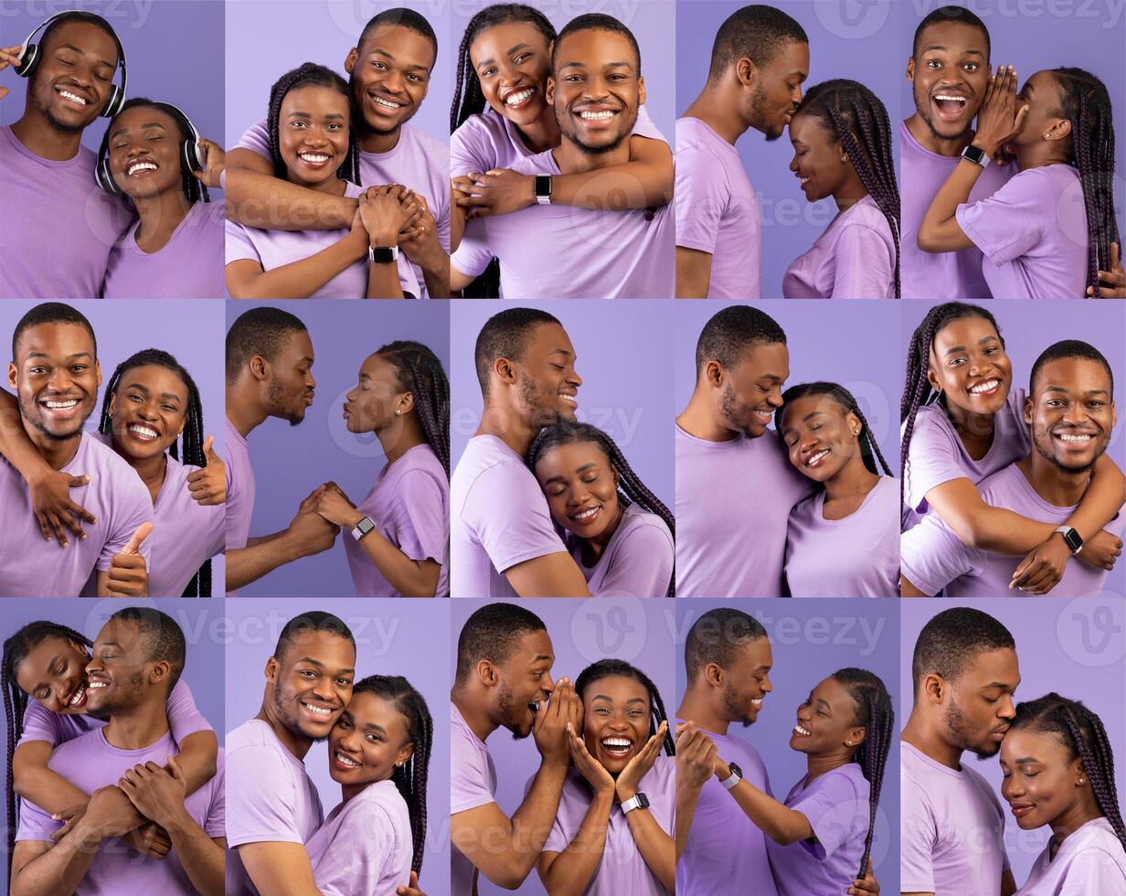 A young African American couple shares joyful and affectionate moments, showcasing their love and connection. Each expression highlights their bond on a special day filled with romance. photo