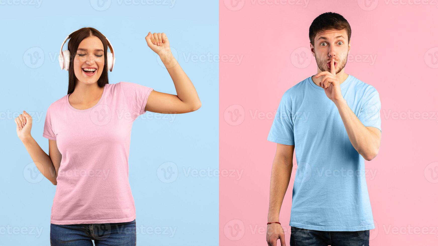 Man gesturing hush sign with finger on lips, keep silent, happy woman listening to music wearing wireless headphones and dancing, enjoying sound, isolated on blue and yellow studio background wall photo