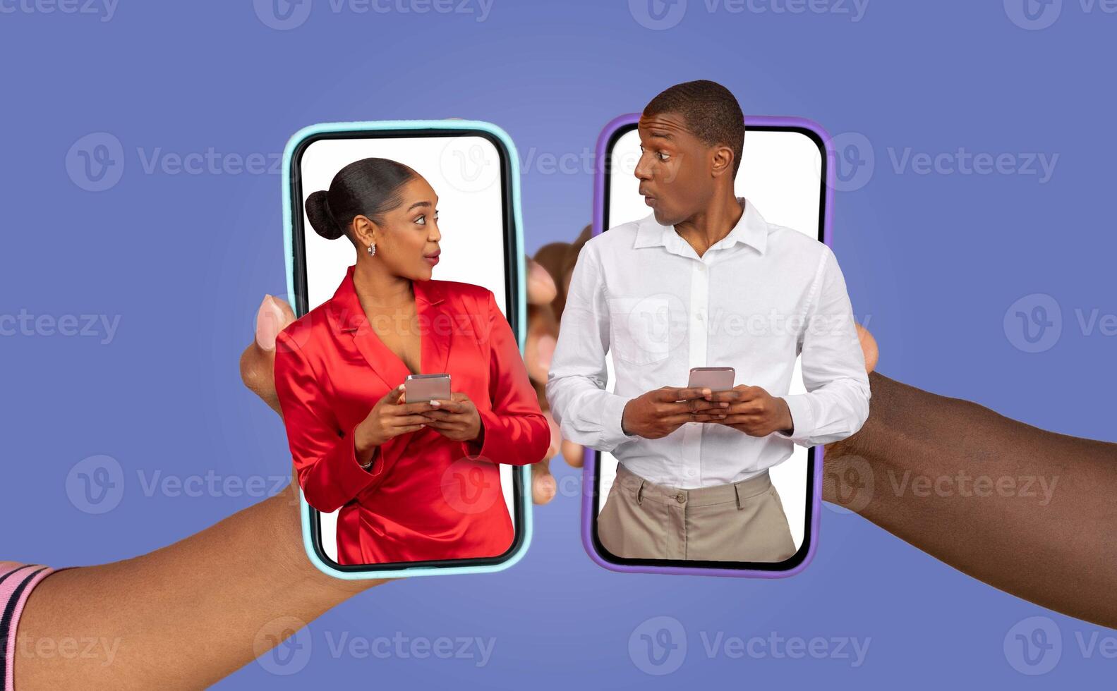 A couple engages in a lively conversation using smartphones. Both are dressed well and show expressions of affection and surprise, highlighting their connection through technology during modern life. photo