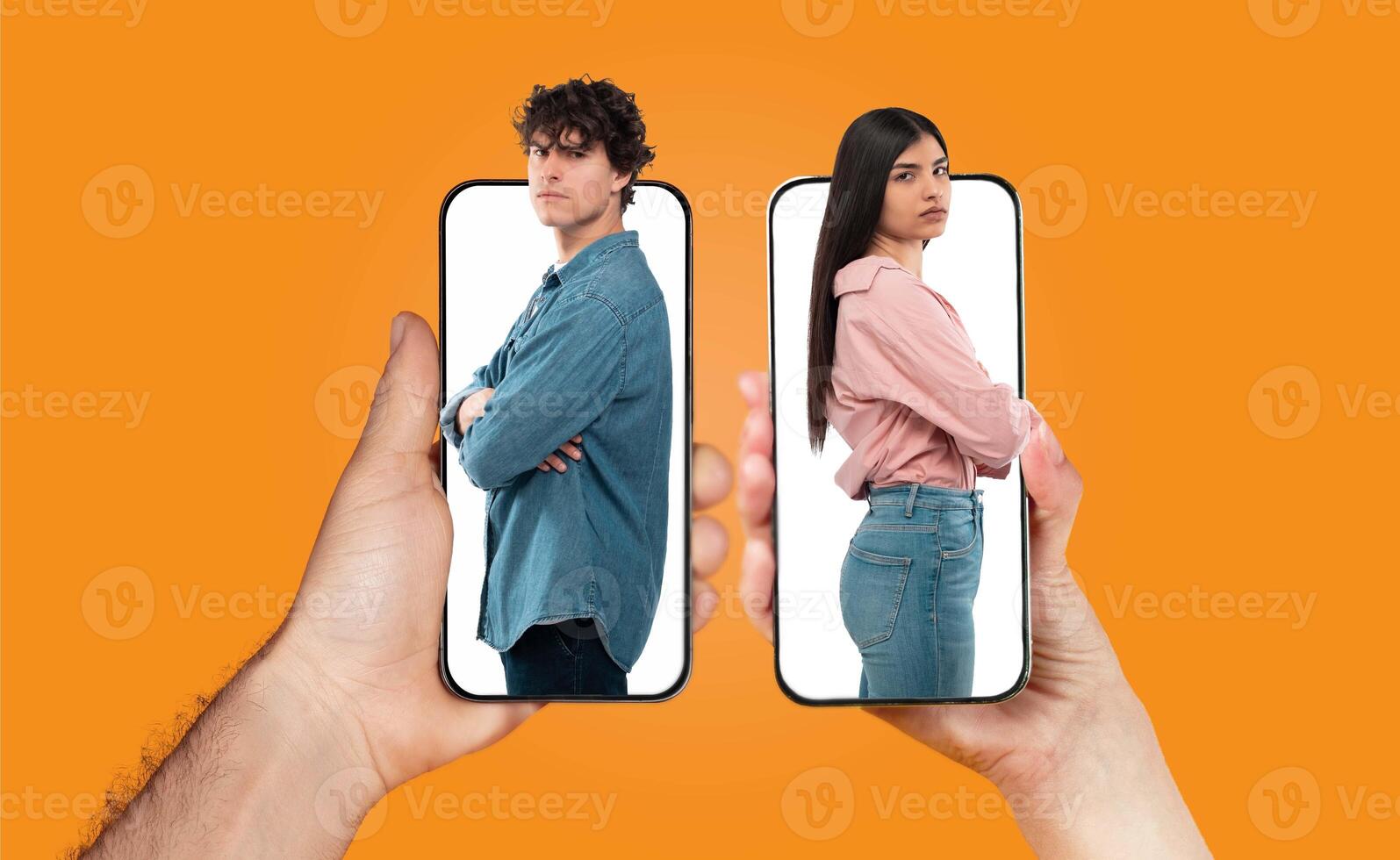 A couple in love uses their smartphones to maintain communication. Each partner is seen on a separate phone screen, showcasing their situation and emotional connection while apart. photo