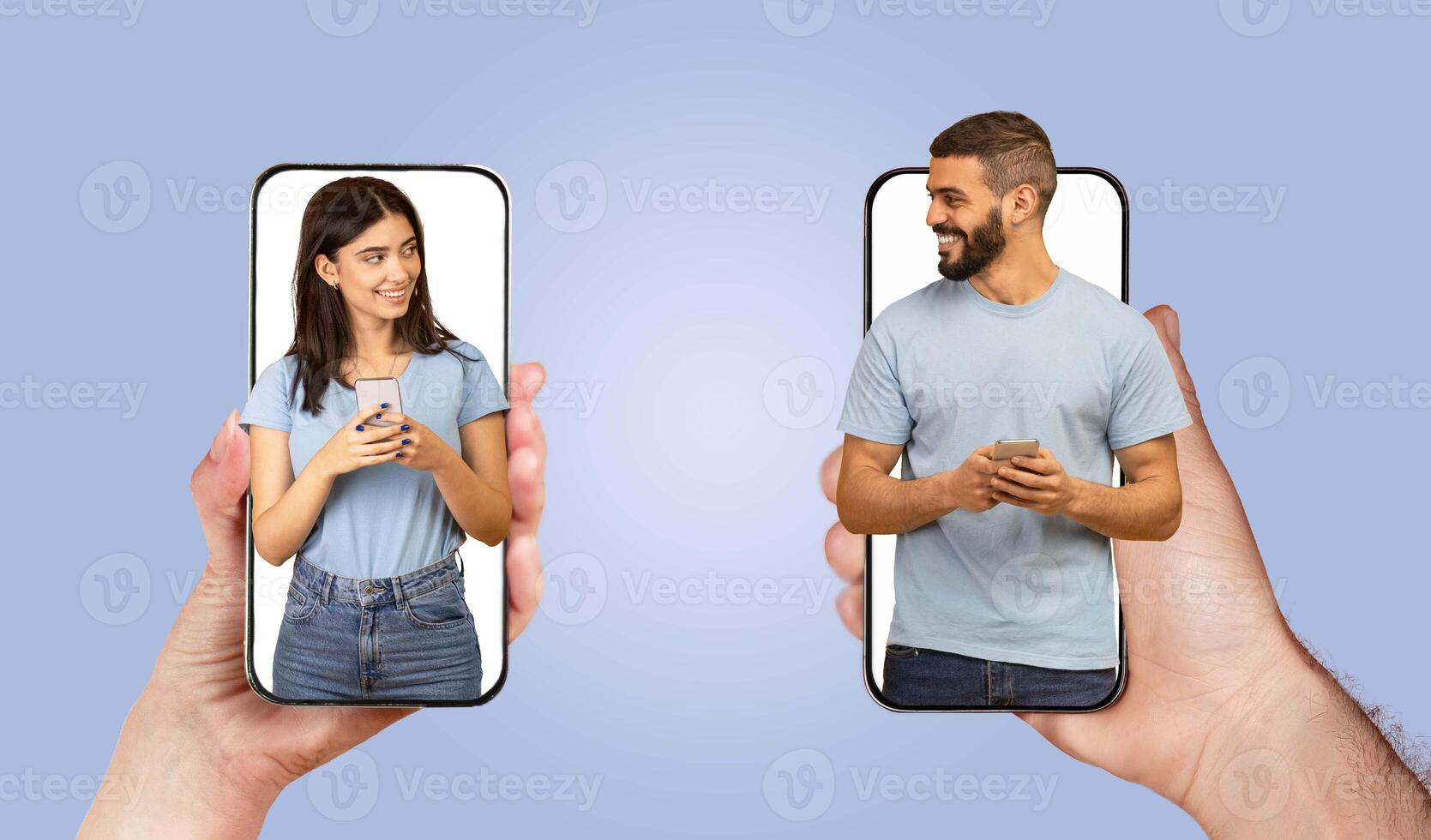 A couple engages in a loving conversation through smartphones, showcasing their affection while using technology to maintain their relationship from a distance. photo
