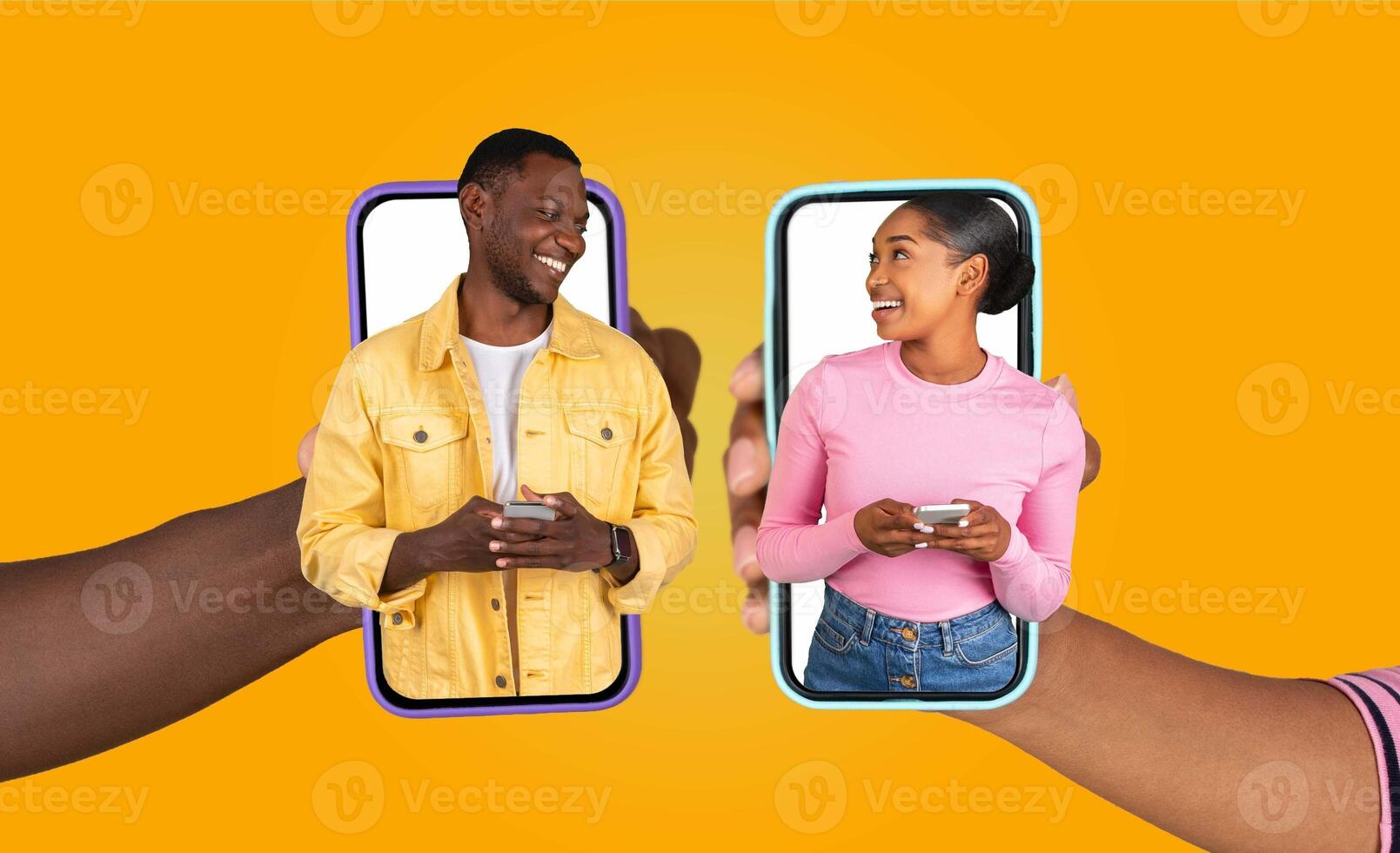 A married couple engages in a joyful conversation using their smartphones, sharing laughter and affection while connected through technology. Their interaction highlights modern relationships. photo