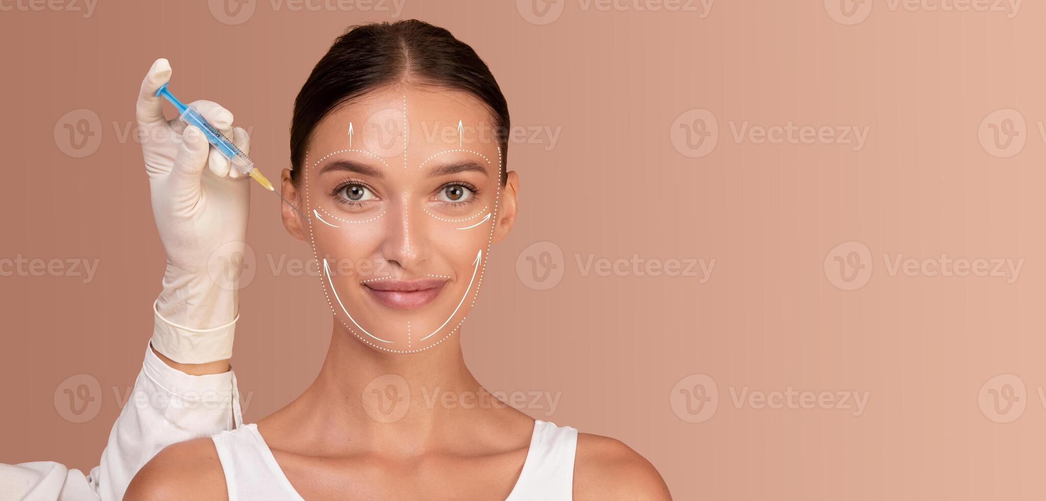 A woman enjoys a skincare treatment, receiving a cosmetic procedure while wearing a simple top. The focus is on her glowing skin and the expert application of the treatment in a serene setting. photo