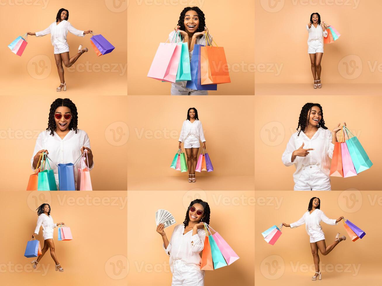A vibrant collage of an energetic shopper showcasing colorful shopping bags while enjoying a sale. The setting features a bright background, highlighting the festive atmosphere of shopping. photo